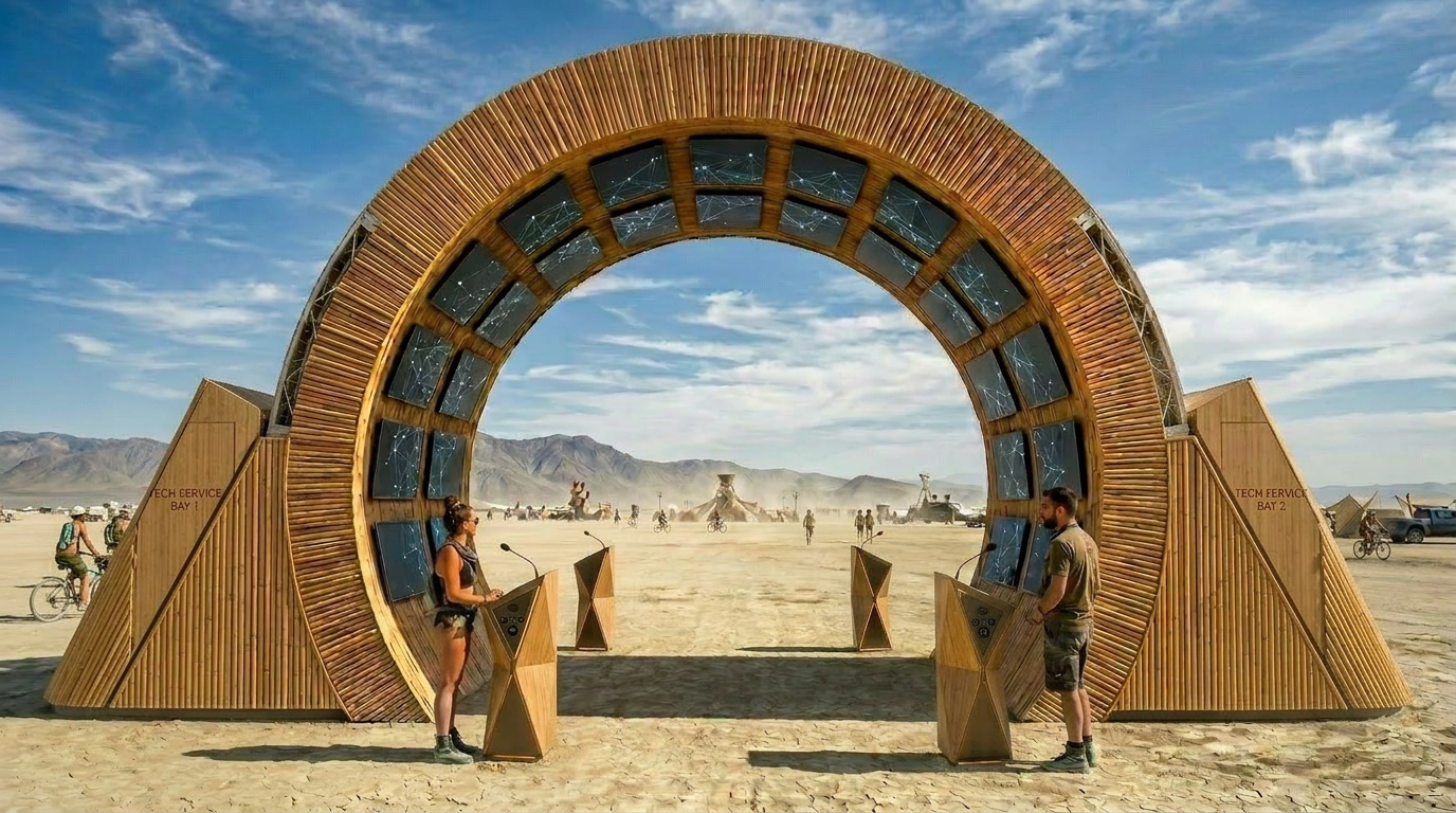 Daytime render of the Portal showing the 16-foot prefab truss arch and LED display cladding