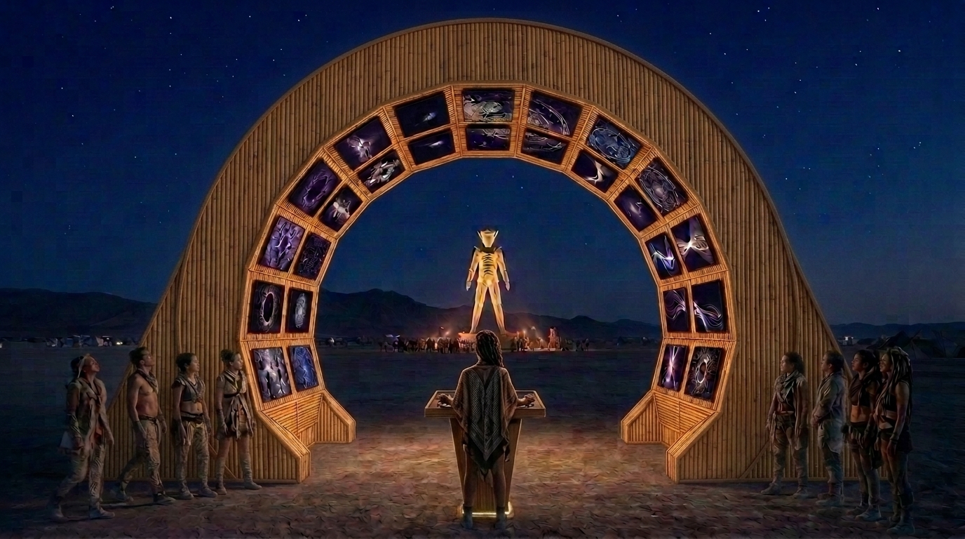 The Portal of Collective Imagination at night with illuminated screens and participants gathered around the arch