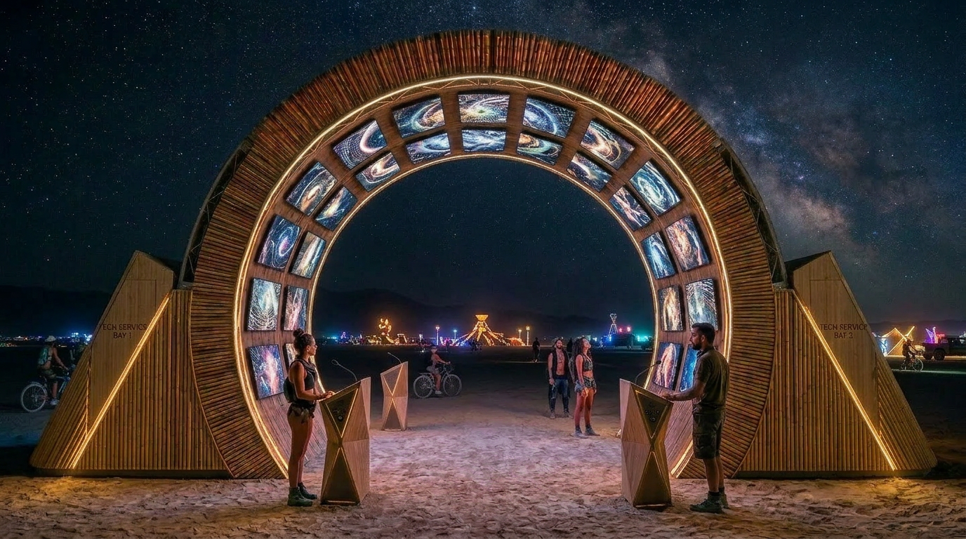 The Portal of Collective Imagination — a luminous arch rising from the playa at dusk